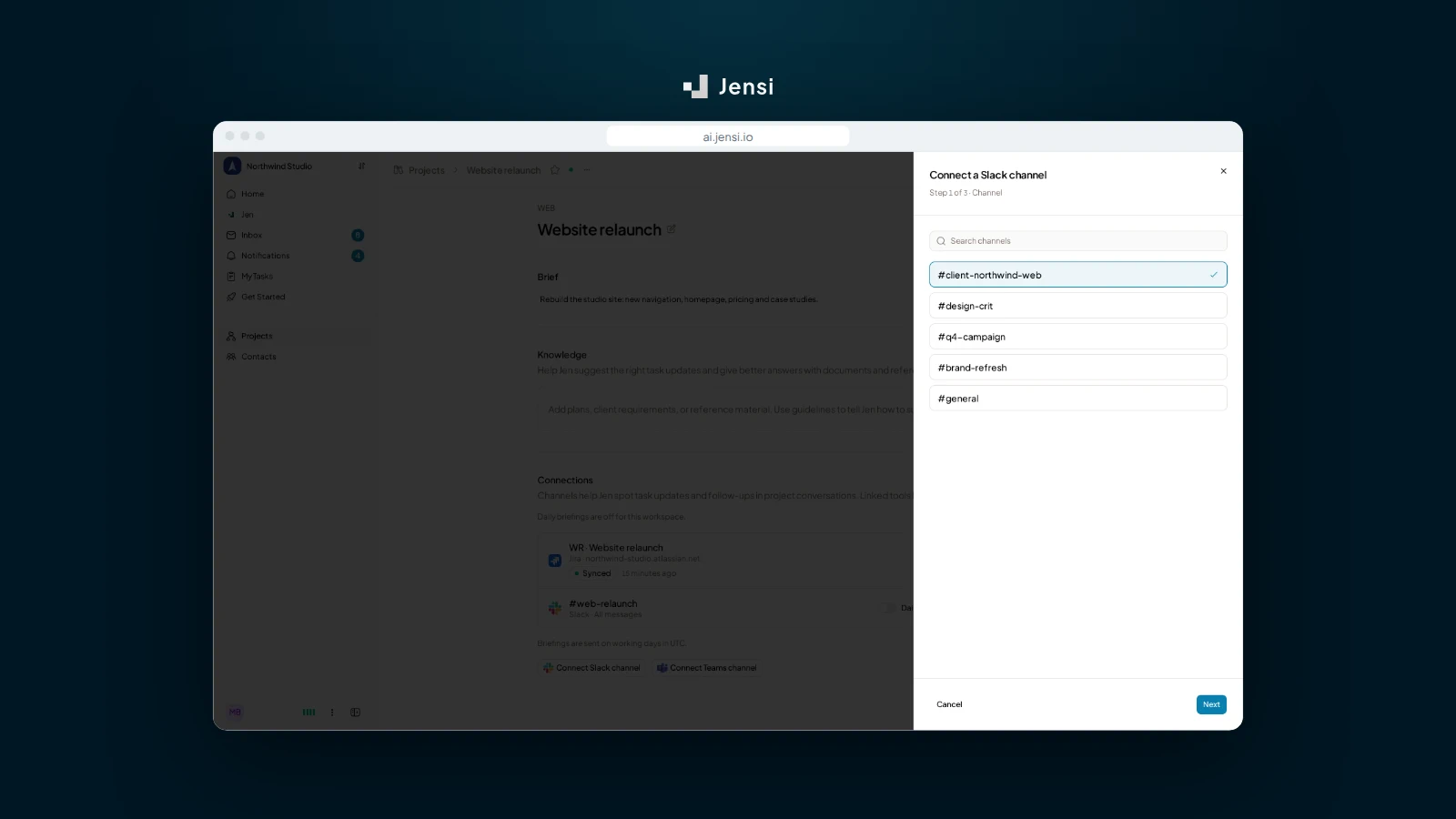 The Connect a Slack channel sheet, step 1 of 3, opened from a project's Connections.