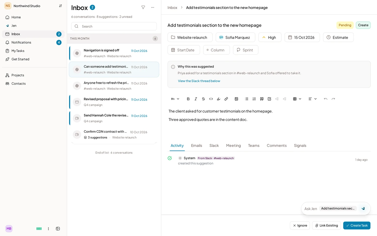 A suggested task made from a Slack thread, showing why it was suggested and a link back to the thread.