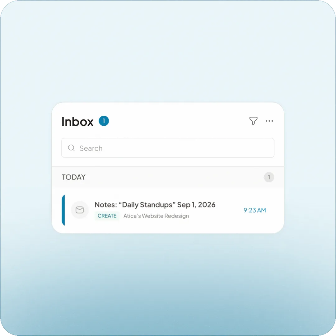 A Jensi inbox catching a new request from a meeting notes email