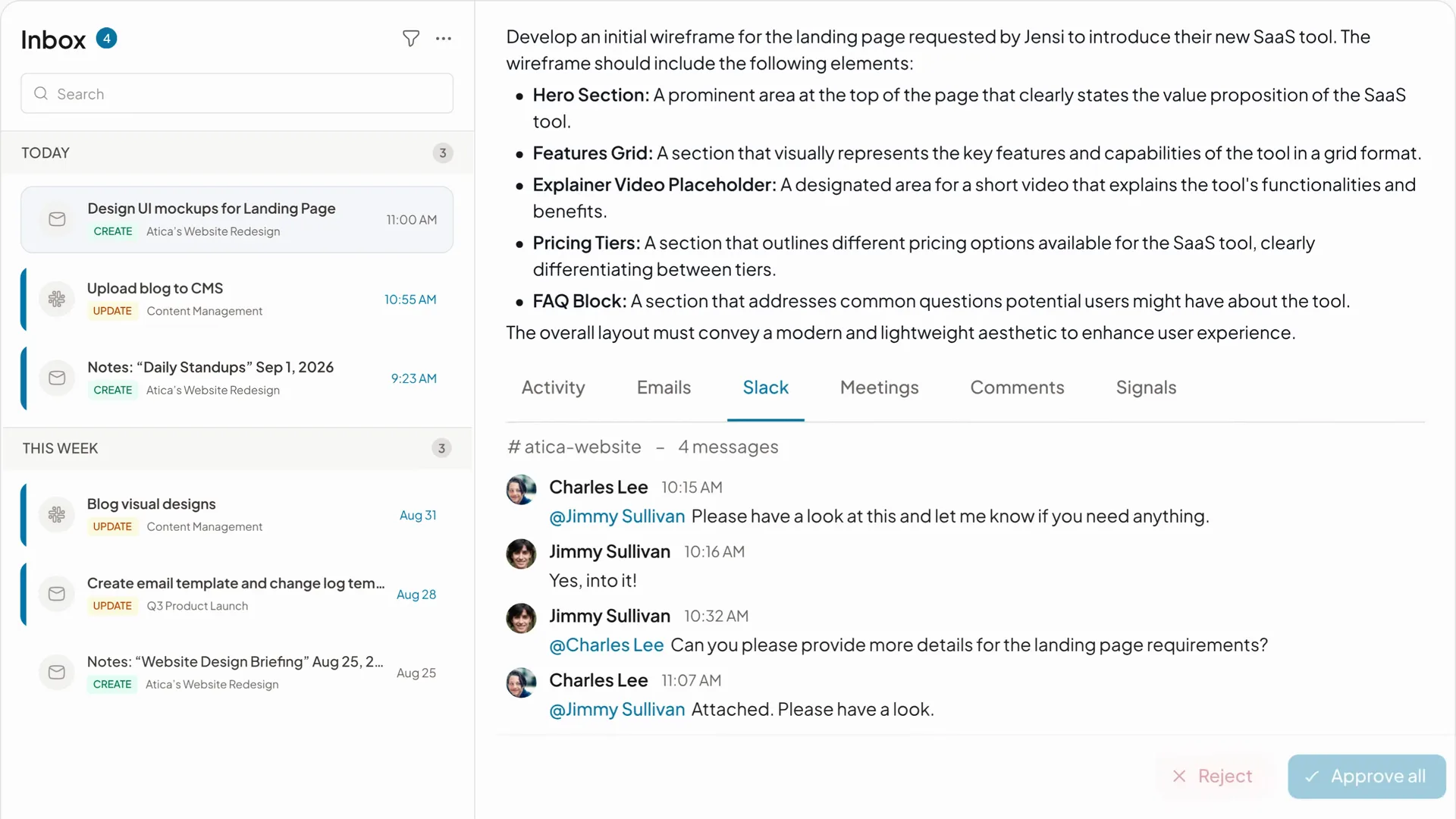 Jensi pulling requests from Slack, Teams, Gmail, Outlook and meetings into an inbox, then approving them as project tasks